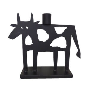 VTG Metal Art Abstract Cow Spots Candle Holder Sculpture Black Far Side HEAVY
